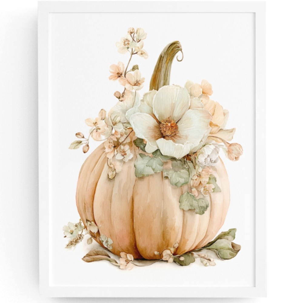 Watercolor Pumpkin with Flowers Wall Art Print Unframed - Cozy Autumn Elegance - Picture 1 of 7